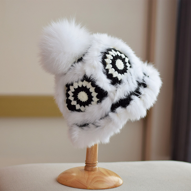 Japanese Fox Fur Ball Rabbit Fur Knitted Autumn And Winter Warm Plush Tiger Hat Black - Shop at LoveMi