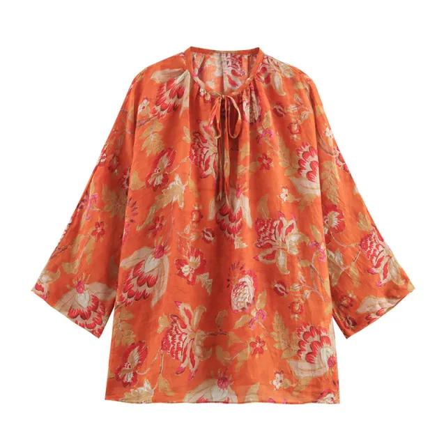 Summer Ethnic Print Ramie Pleated Long sleeved Shirt - Shop at LoveMi