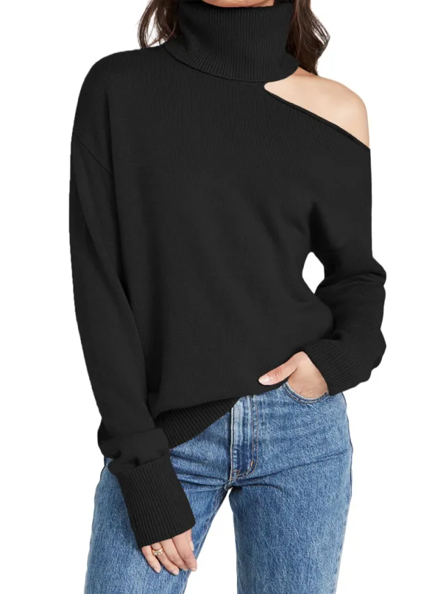 Solid Color Two Lapel Off shoulder Sexy Women's Sweater Black - Shop at LoveMi