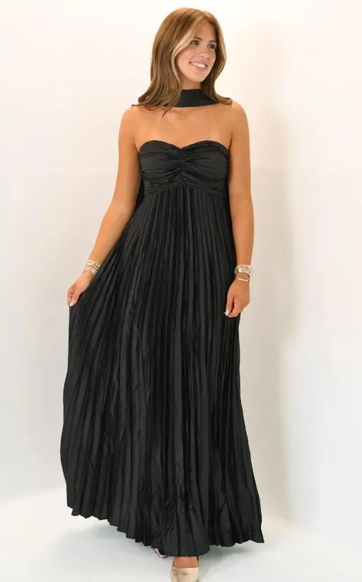 Women's Party Silk like Pleated Simple Dress Black - Shop at LoveMi