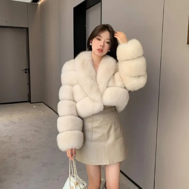 Stitching Artificial Fur Big Fur Collar Short Coat Beige - Shop at LoveMi