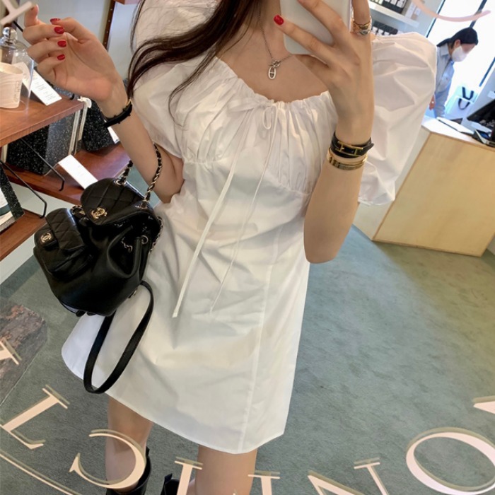 Women's Casual Defined-Waist Square-Neck Lace-Up Dress