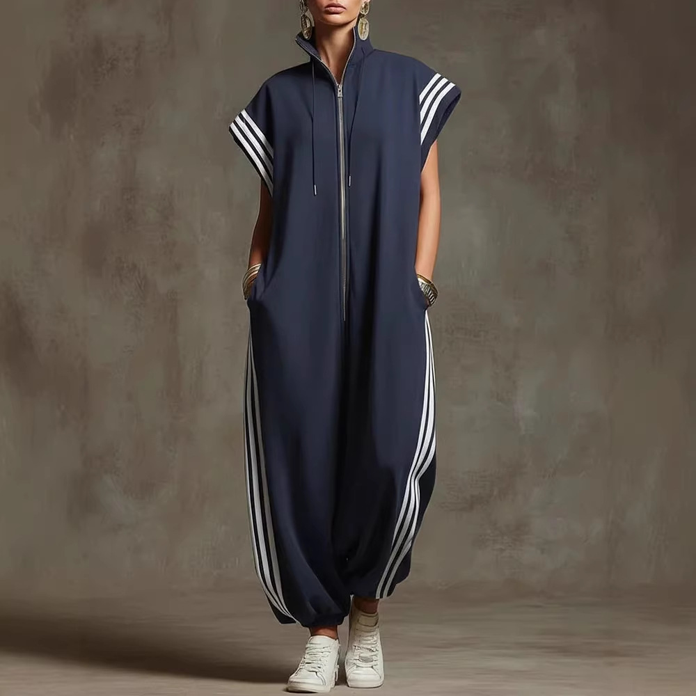 Striped Contrast-Color Jumpsuit With A Zippered Stand Collar