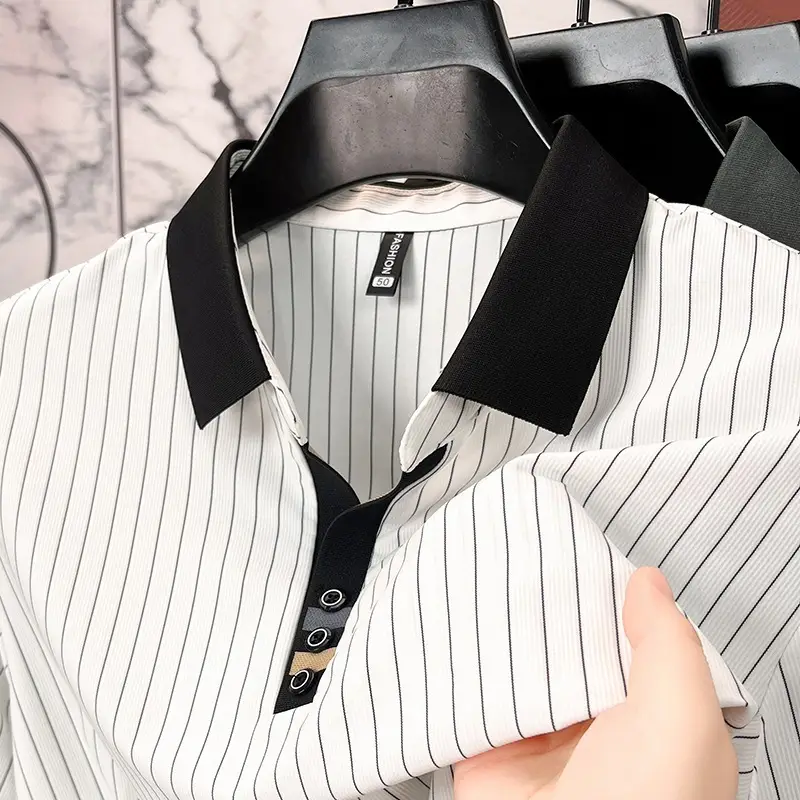 Striped Fashion Business Casual T-shirt Ice Silk Polo Shirt Middle-aged
