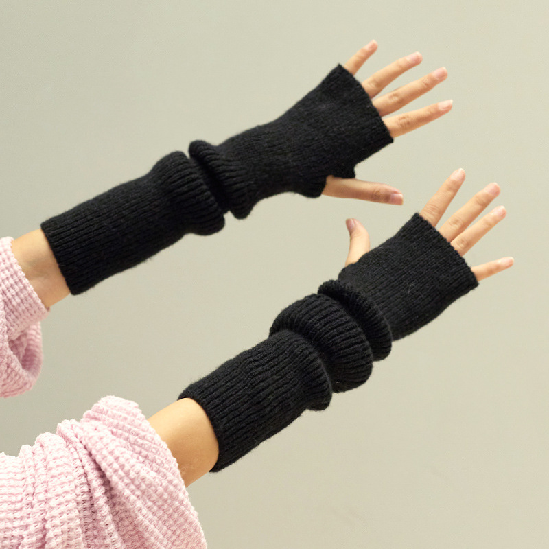 Women's Solid-Color Cashmere Long Half-Finger Winter Gloves