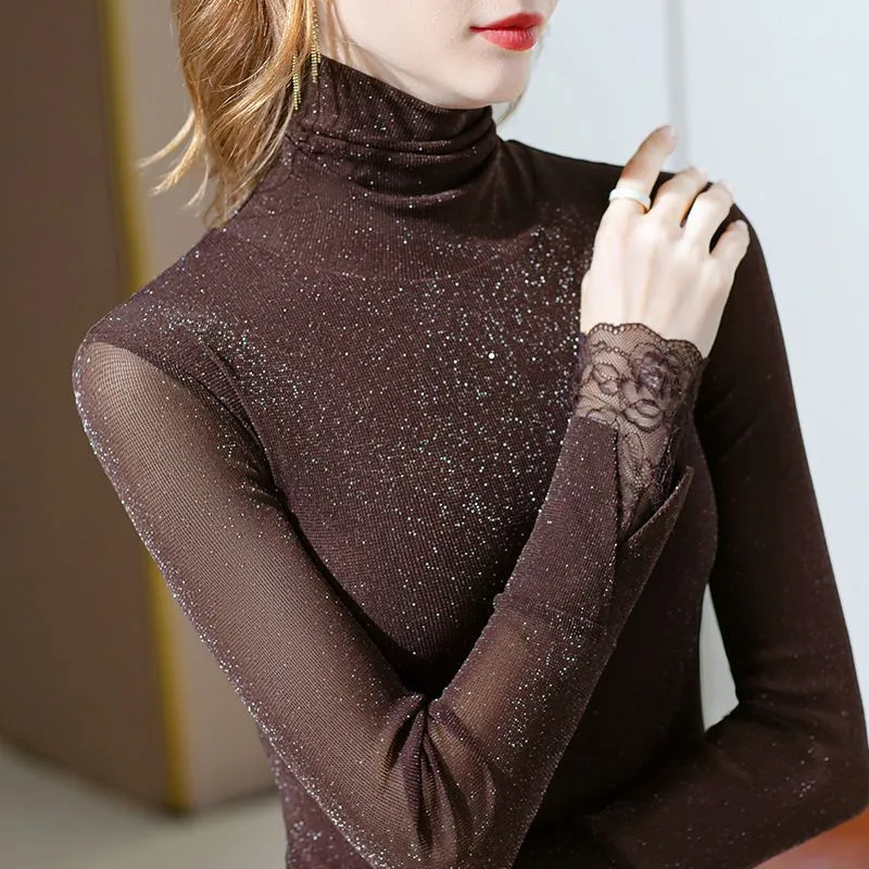 New High-neck Mesh Base Layer Women's Long-sleeved Top - Coffee