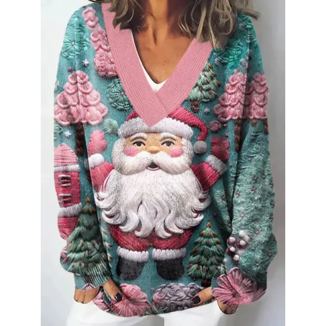 European And American Christmas Series V neck Printed Sweater Cln10164 M - Shop at LoveMi