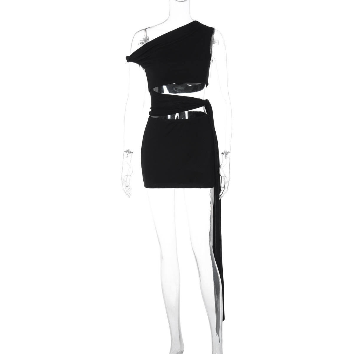 Shoulder Sexy Cutout Midriff Outfit Stitching Tied Dress
