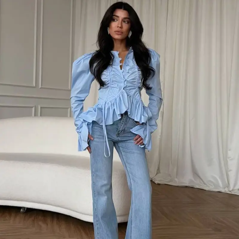 Ruffled Flare Sleeve Irregular Ruffle Hem Shirt