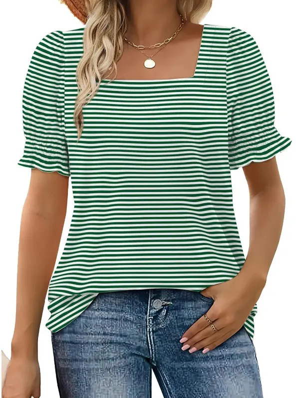 Fashion Simple U neck Petal Sleeve Loose T shirt Green - Shop at LoveMi