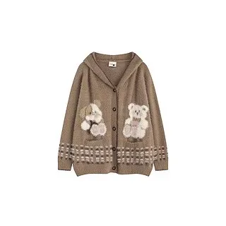 Bear Jacquard Hooded Knit Cardigan Female Loose Sweater Coat Coffee - Shop at LoveMi