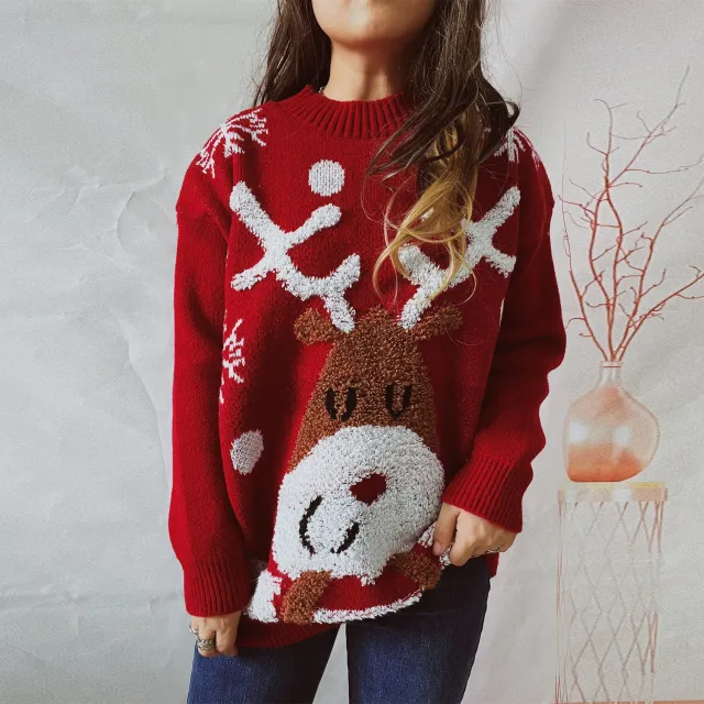 Women's Fashion Loose Elk Snowflake Flocking Jacquard Round Neck Sweater Red - Shop at LoveMi