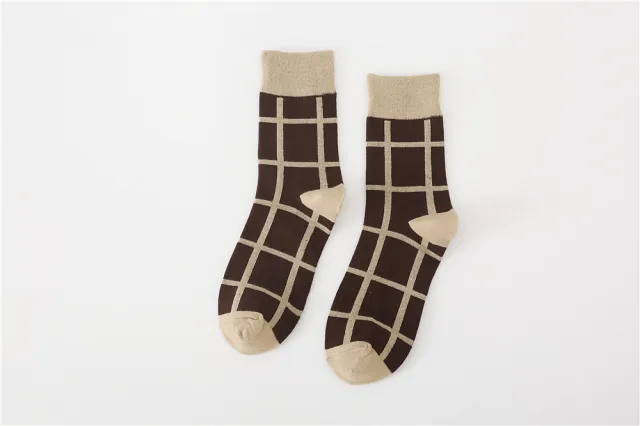 Chessboard Plaid Pattern Middle Tube Cotton Socks Brown - Shop at LoveMi