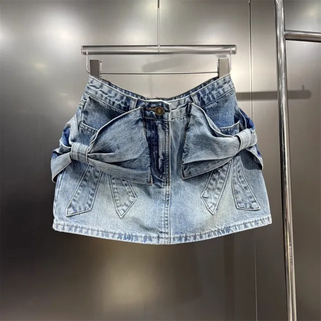 Three dimensional Bow Denim Skirt Blue - Shop at LoveMi