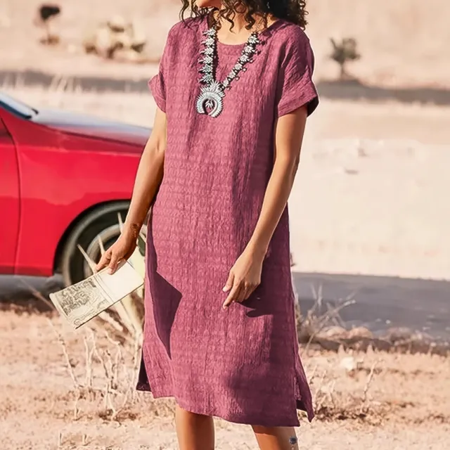 Round Neck Short Sleeve Split Fold Split Dress Peach Pink - Shop at LoveMi