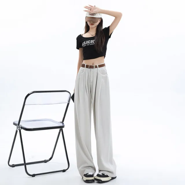 Korean Style Wide leg Jeans High Waist Loose Pleated Straight Mop Streamer Apricot Lengthened - Shop at LoveMi