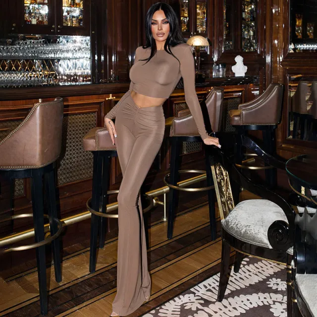 European And American Solid Color Padded Shoulder Long Sleeve Top High Waist Trousers Suit Brown - Shop at LoveMi