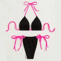 Halter Lace-up Split Swimsuit For Women - Black - View 1