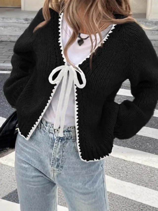 Lace up Sweater Solid Color Loose Long Sleeves Jacket Black - Shop at LoveMi