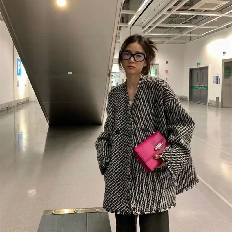 Plaid Women Simple Temperament Loose All-matching Slimming Woolen Coat