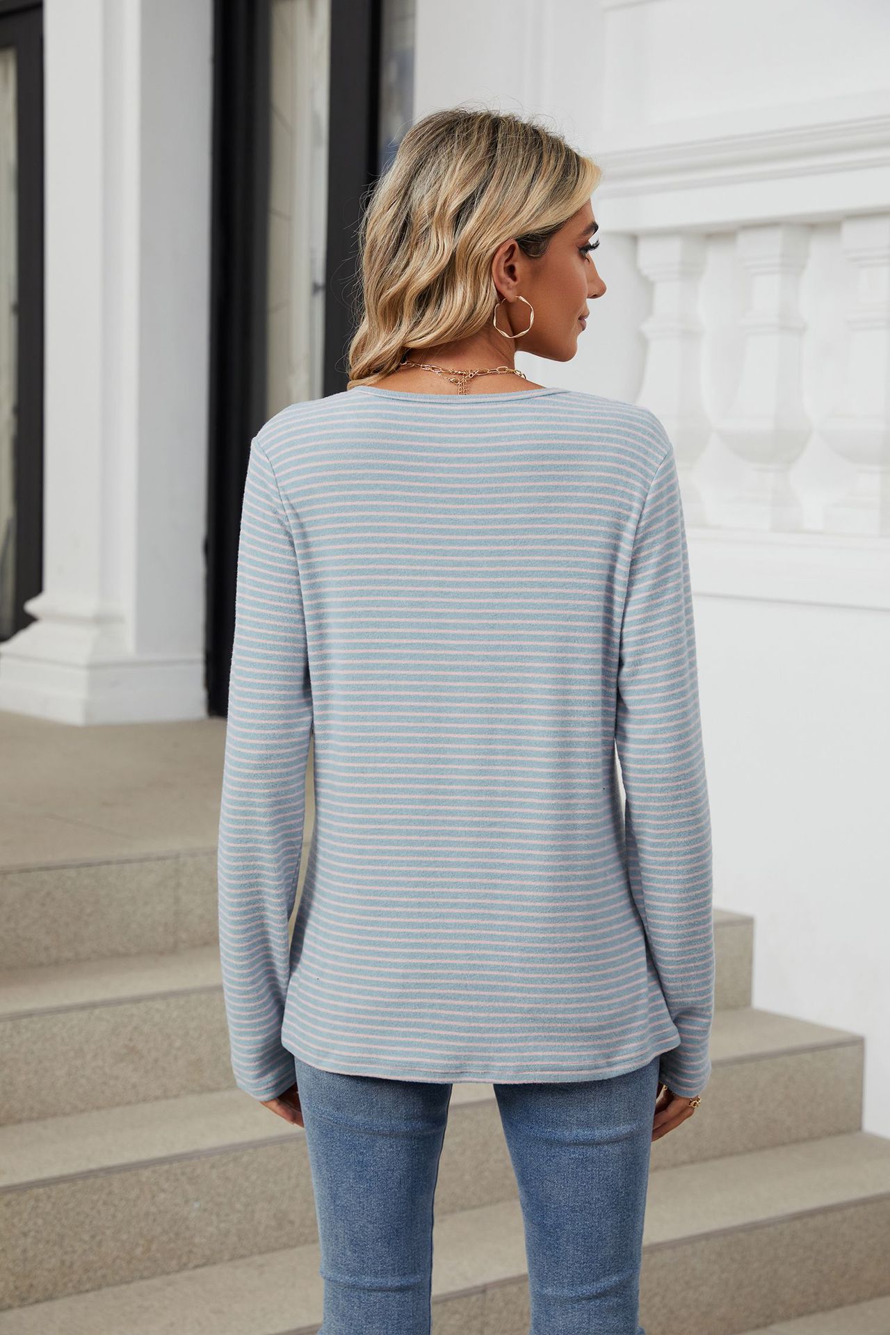 Title 3, Round Neck Button Solid Color Striped Casual T-...