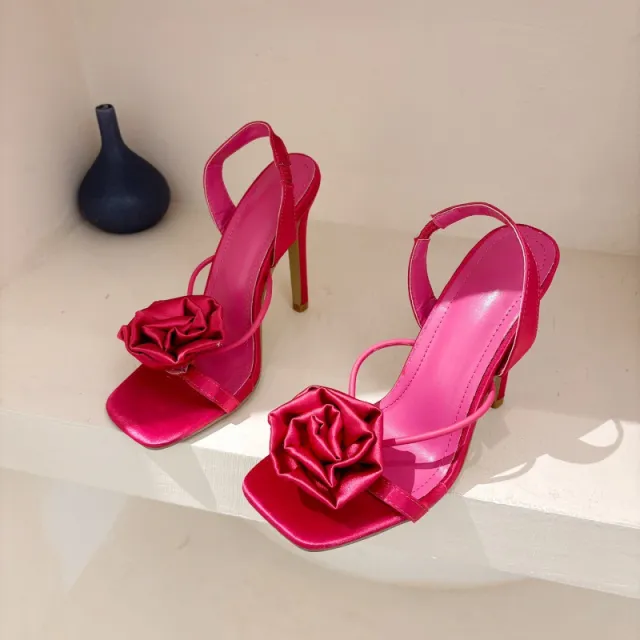 Fashionable Flower Square Toe Strap With Skirt High Heels Red - Shop at LoveMi