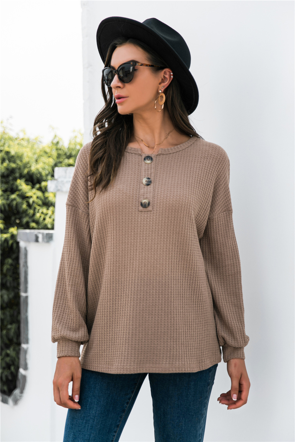 Women's Temperament Fashion Button Knit Tops Khaki - Shop at LoveMi