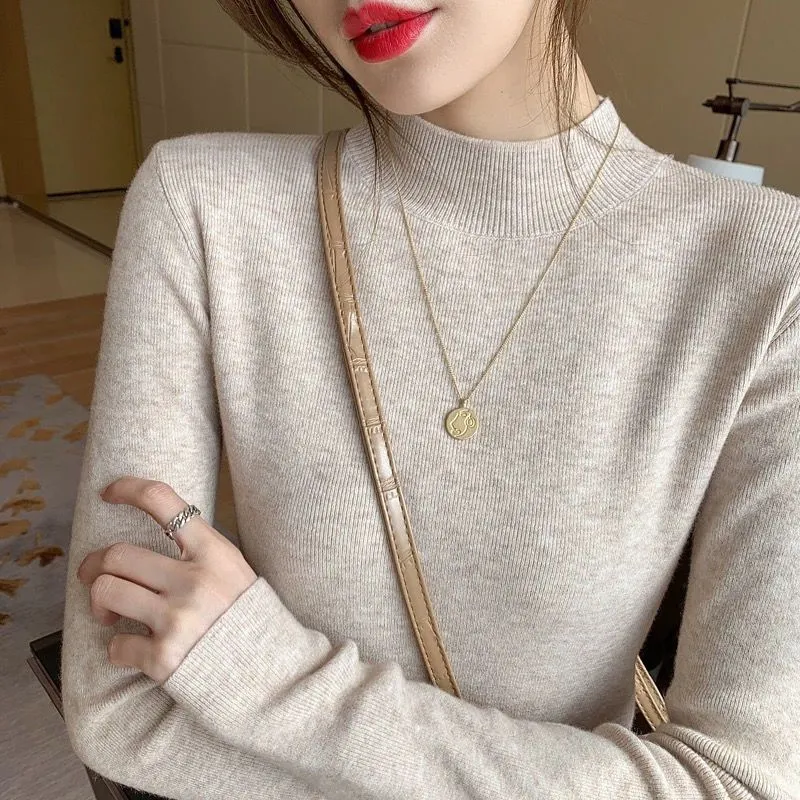 Inner Knitted Bottoming Shirt Slim Fit Slimming Long Sleeves Versatile Western Style Top - Milk Tea Color-M