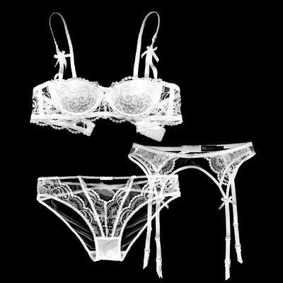 9177 Three piece Set Sexy Lace Lingerie Push Up Bra Half Cup Garter Bra Set White - Shop at LoveMi