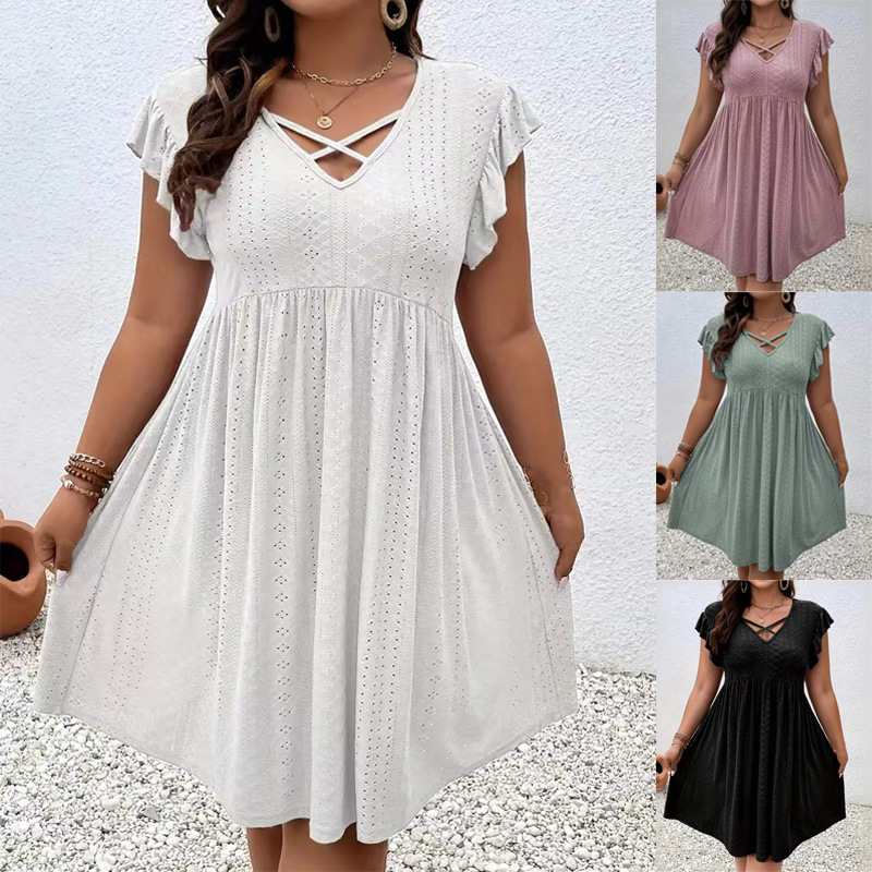 Women's Jacquard Ruffle Sleeve V-neck Dress