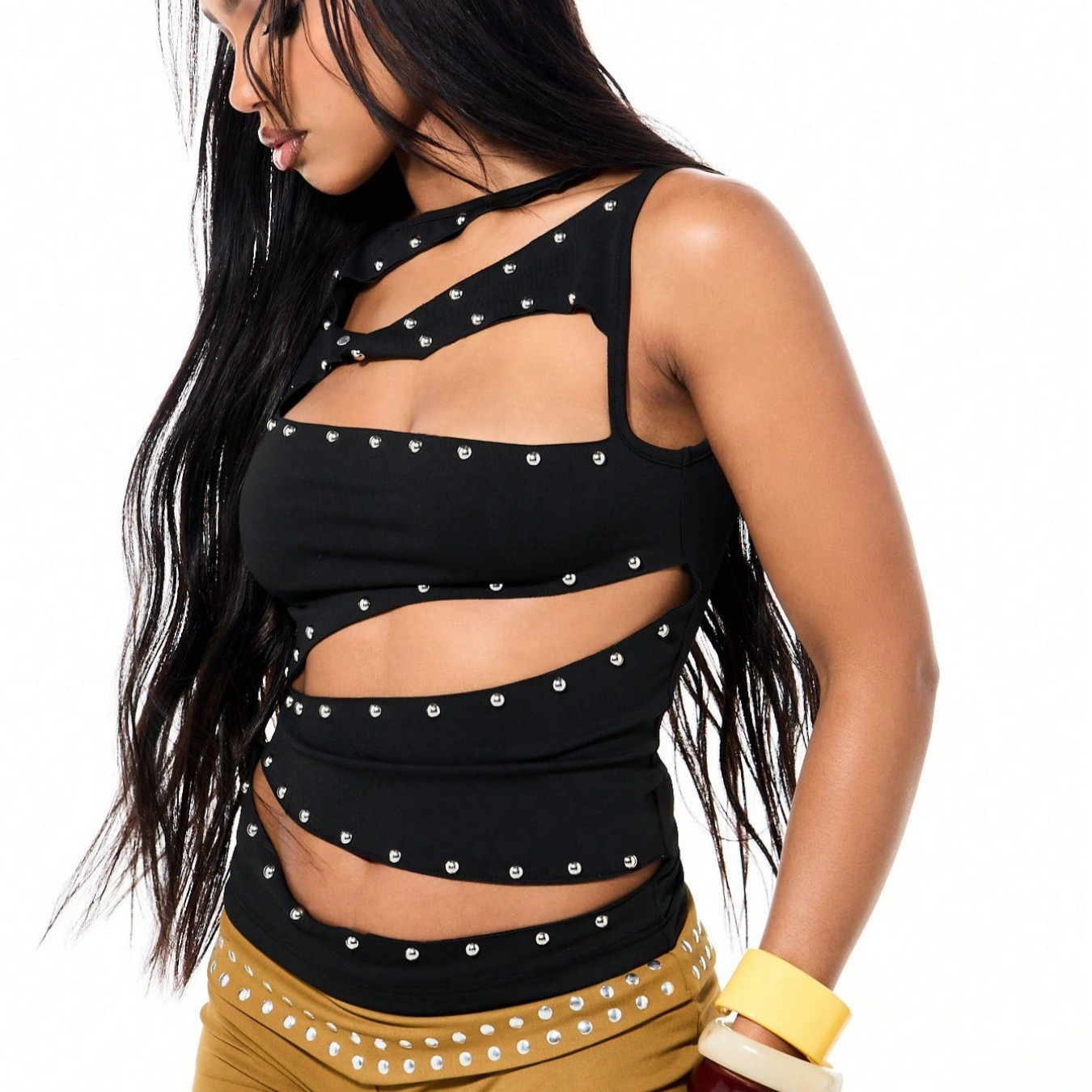 Summer Sexy Slim-Fit Black Top With Rivets Summer Sexy Slim-Fit Black Top With Rivets