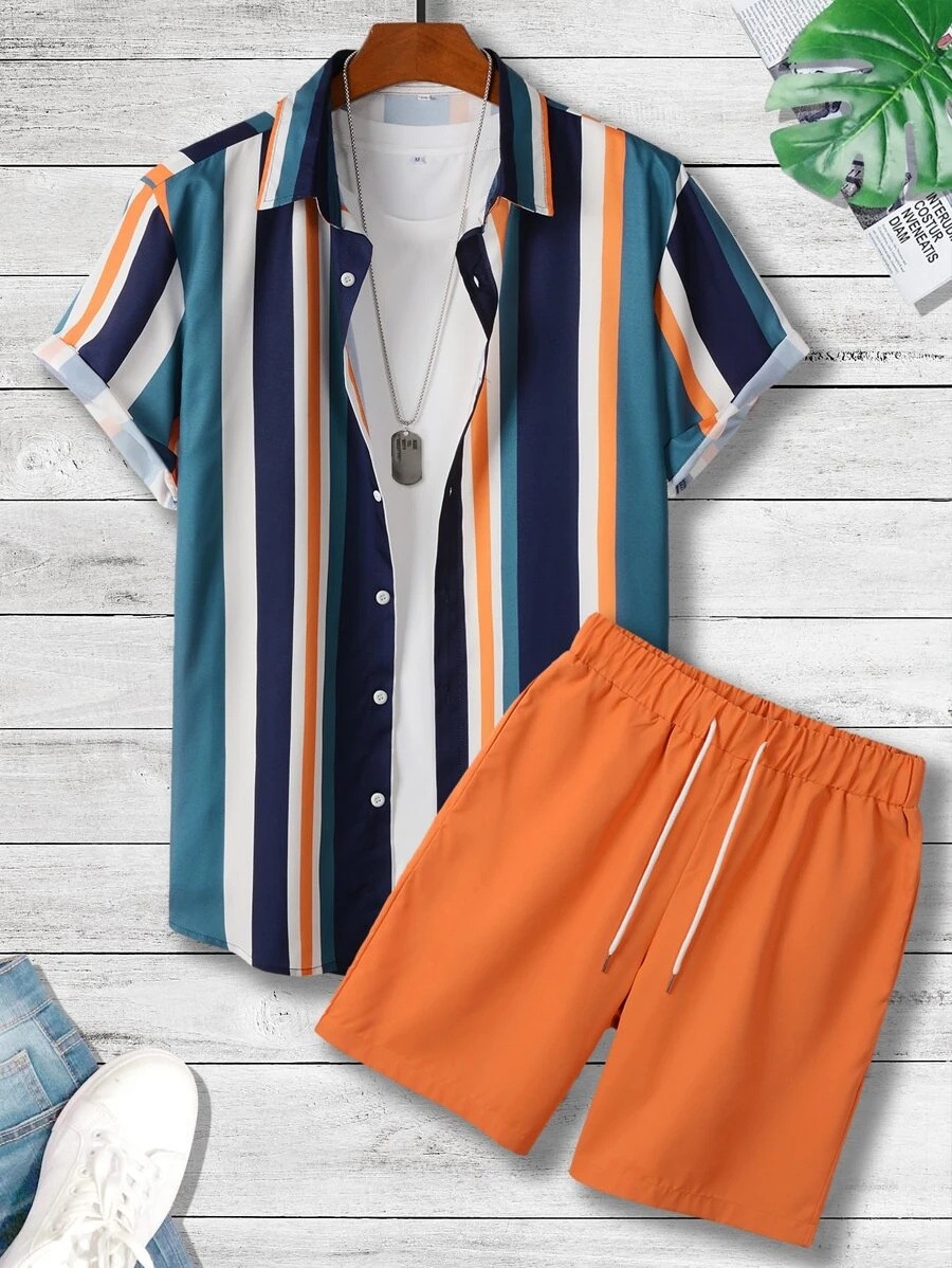 Mens 3D Digital-Print Shirt And Sports Suit Set