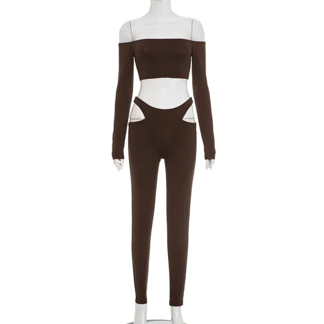 Spicy Girl Off shoulder Long sleeve Crop Top And Hollow out Tight Pants Set Brown - Shop at LoveMi