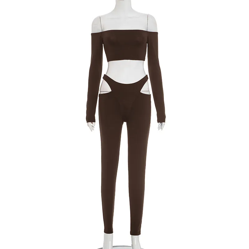 Spicy Girl Off-shoulder Long-sleeve Crop Top And Hollow-out Tight Pants Set - Brown