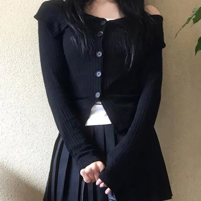 Lapel Off shoulder Knitted T shirt Single breasted Slim Looking Base Cardigan Black - Shop at LoveMi