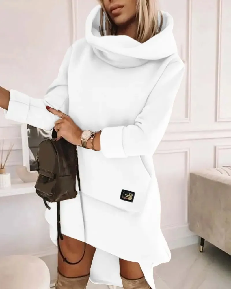 Long Sleeve Hood Pocket Long Sleeve Long Loose-fitting Casual Pullover Women - White