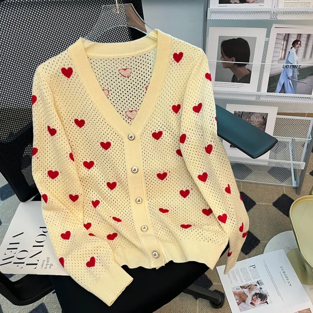 New Hollow Cardigan V neck Love Jacquard Casual Elegant Wool Knitted Coat For Women White - Shop at LoveMi