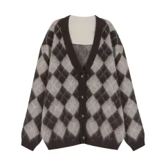 Long Wool Knitted Cardigan Top Women's Early Autumn Temperament Wild Loose Plaid Sweater Coat - Latte Plaid - View 1