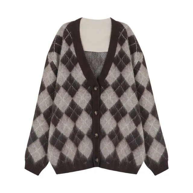 Long Wool Knitted Cardigan Top Women's Early Autumn Temperament Wild Loose Plaid Sweater Coat Latte Plaid - Shop at LoveMi