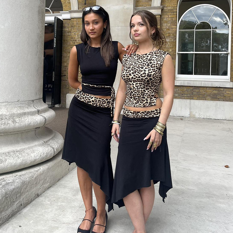 Summer Fashion Leopard Print Lace-up Sleeveless Vest Irregular Sheath Bevel Two-piece Overskirt Suit