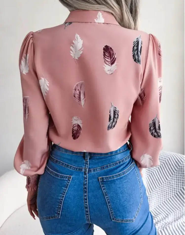Women's Feather Printing Lapel Lantern Long Sleeve Shirt