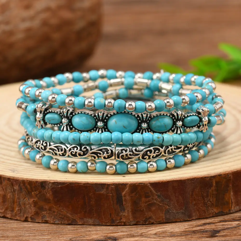 Bullhead Boots Leaves Turquoise Wood Bead Elastic Bracelet 5-Piece Set