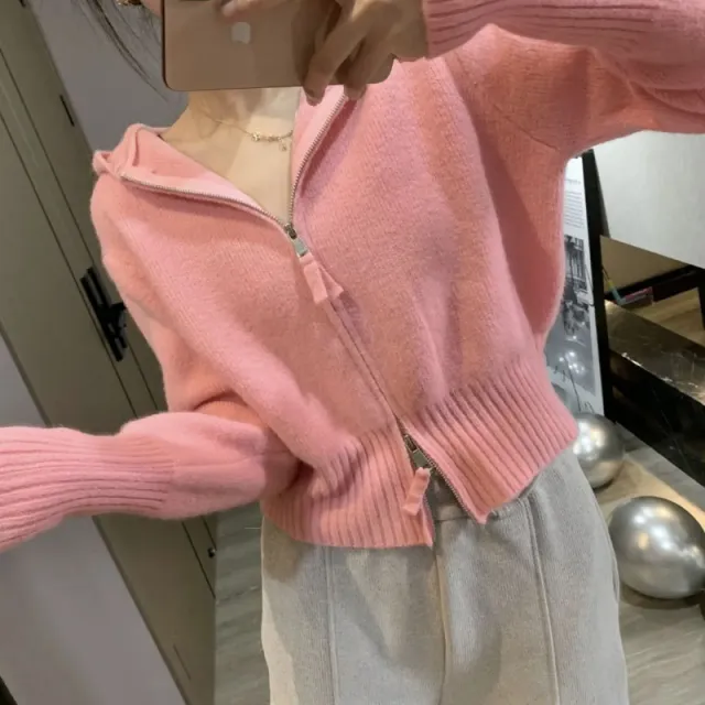 Women's Double Zipper Sweater Coat Cardigan Pink - Shop at LoveMi