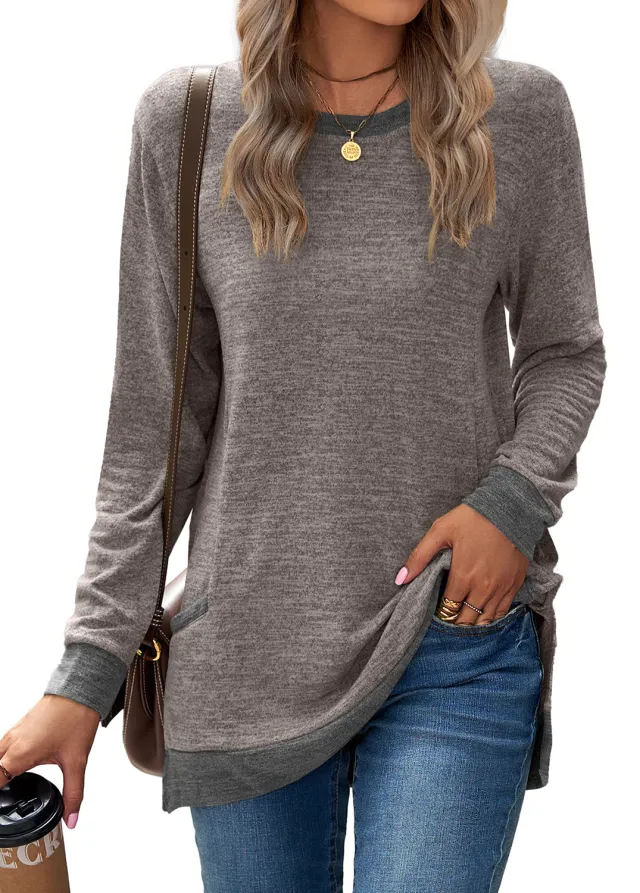 Round Neck Multicolor Pocket Long Sleeve Pullover Top Loose fitting Casual T shirt Coffee - Shop at LoveMi