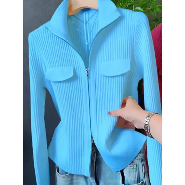 Lapel Long Sleeve Knitted Cardigan Sweater For Women Blue - Shop at LoveMi
