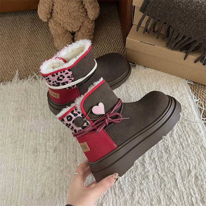 Mint Chocolate Thick-soled Brown Snow Boots - Red