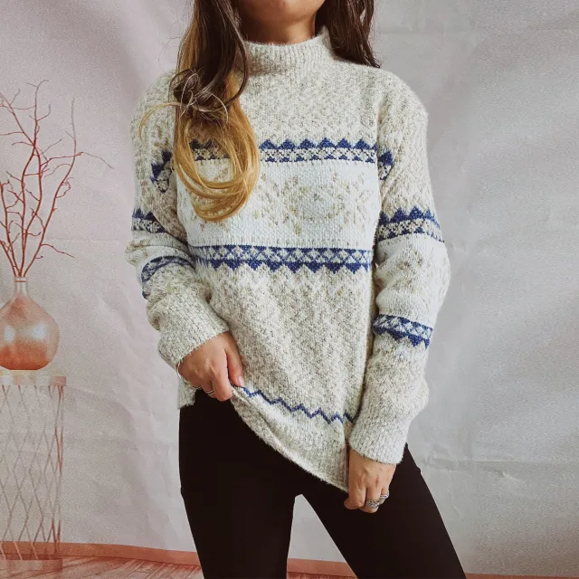 Chenille Thickened Snowflake Pattern Half high Collar Long Sleeves Knitted Sweater Apricot - Shop at LoveMi