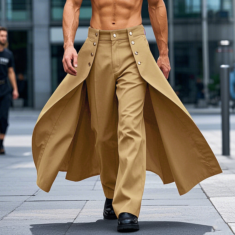 Mens Faux Two-piece Double-breasted Wide-leg Pants With A Slit And Tie Detail