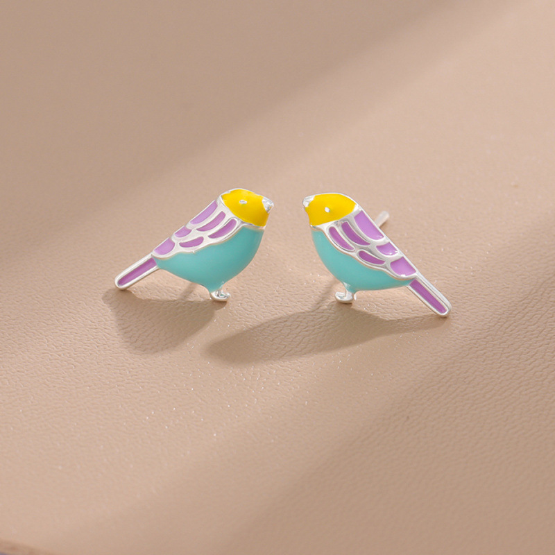 925 Sterling Silver Earrings Colorful Epoxy Bird Simple