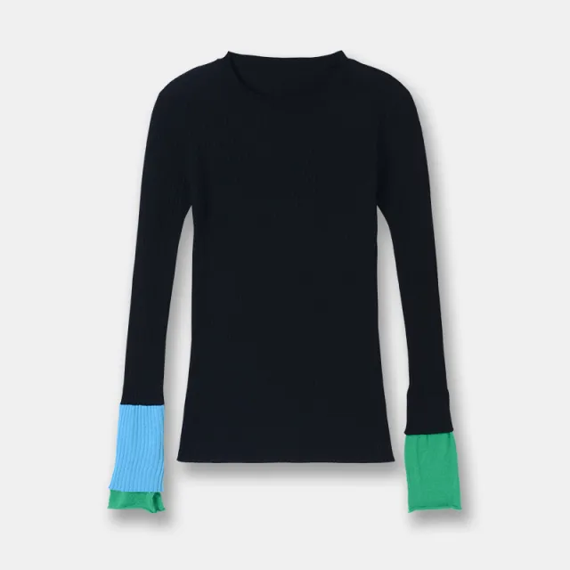 Japanese Version Asymmetric Contrasting Color Cuff Ribbing Bottoming Round Neck Slim Sweater Black - Shop at LoveMi